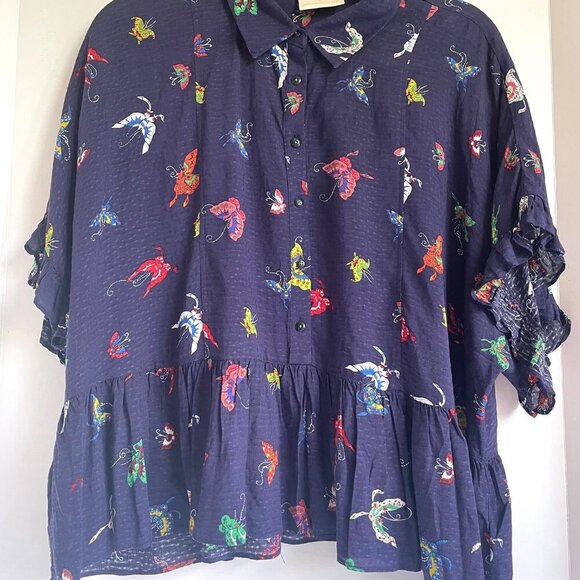 Anthropologie Blouse Womens Medium Blue Butterfly Short Sleeve Button Peplum Hem - Picture 10 of 14